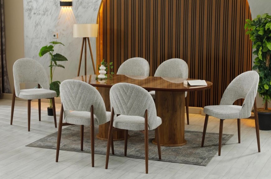 Ceviz tonlu oval yemek odası takımı ve bukle sandalyeler